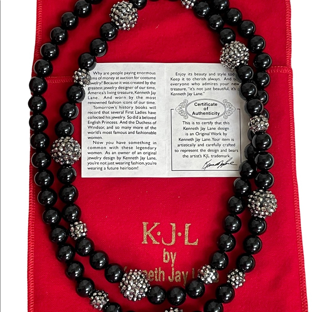 KJL Kenneth Jay Lane Retired 40" Black Bead & Rhinestone Necklace